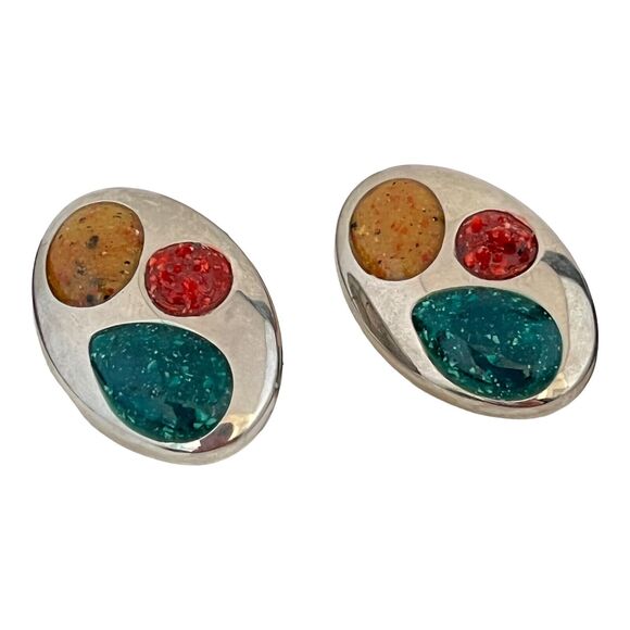 Vintage 1980s Statement Earrings Silver Tone Textured Enamel Pierced - 3G - Picture 3 of 6